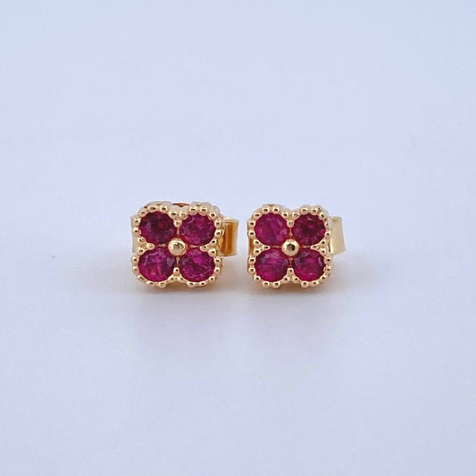 Topos Flor Borde Texturizado 1.3gr / 5.2mm Circones Fucsia Broche Mariposa Oro Amarillo 18K