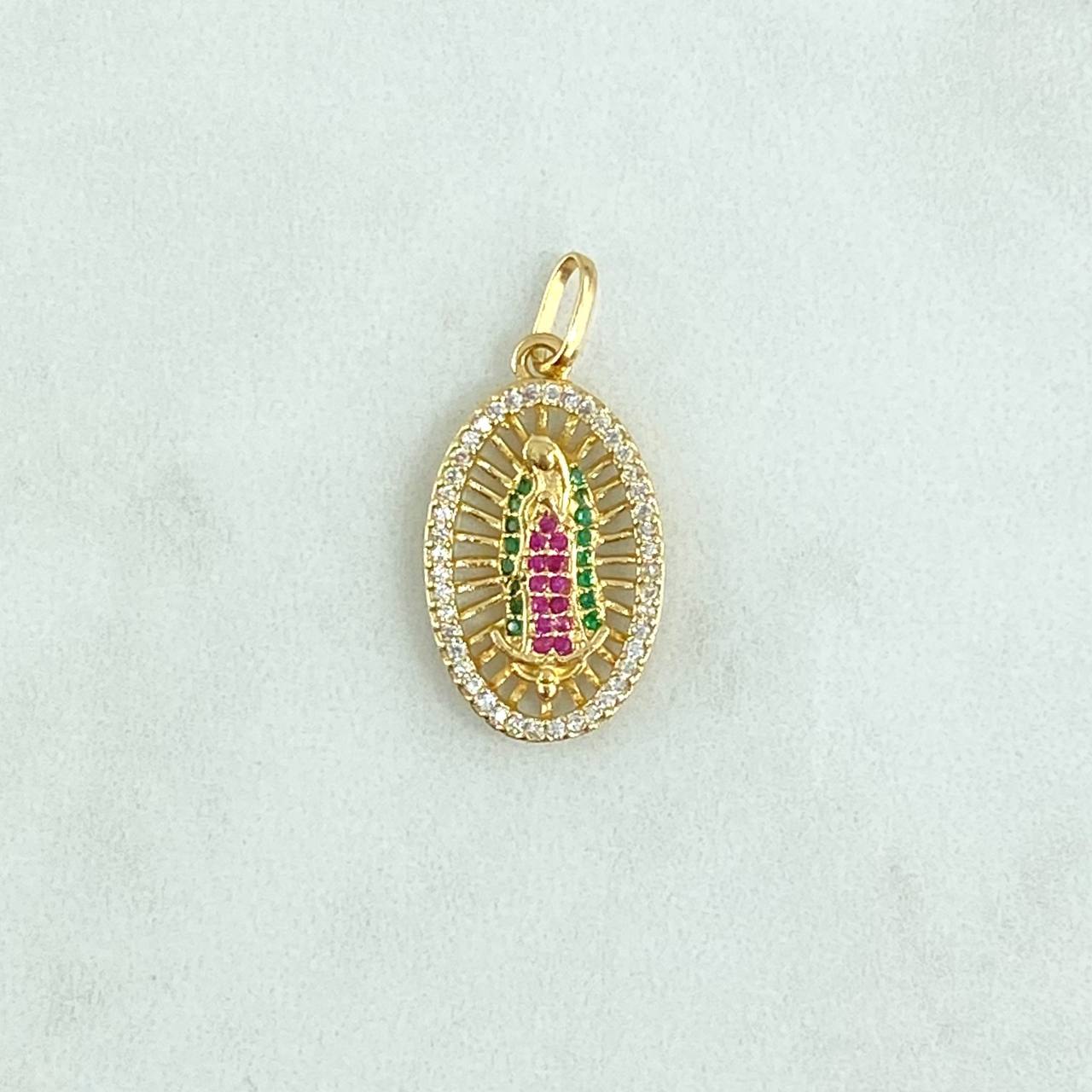 Dije Virgen Guadalupe 2.8gr / 2.8cm / Ovalo Filigrana - Circones Blancos Verdes Y Fucsias Oro Amarillo 18K ©