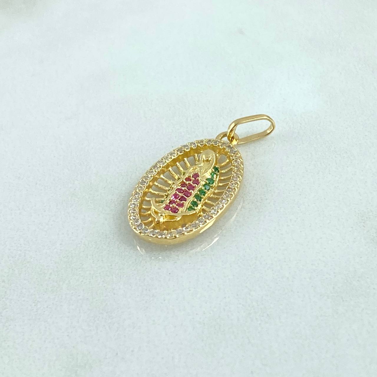 Dije Virgen Guadalupe 2.8gr / 2.8cm / Ovalo Filigrana - Circones Blancos Verdes Y Fucsias Oro Amarillo 18K ©