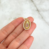 Dije Virgen Guadalupe 2.8gr / 2.8cm / Ovalo Filigrana - Circones Blancos Verdes Y Fucsias Oro Amarillo 18K ©