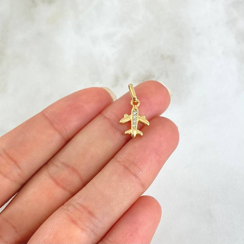 Dije Avion 0.9gr / 1.7cm / Lisa Circones Blancos Oro Amarillo 18K