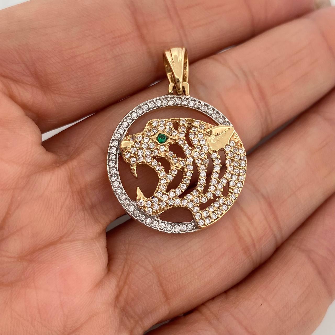 Dije Tigre Placa Circular 5.1gr / 3.2cm / Dos Oros Amarillo Blanco 18K