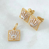 Set Cuadro Tupido Corona - Topos 0.9cm - Dije 1.5cm 4.35gr Circones Blancos  Oro 18K ©