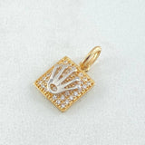Set Cuadro Tupido Corona - Topos 0.9cm - Dije 1.5cm 4.35gr Circones Blancos  Oro 18K ©