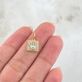 Set Cuadro Tupido Corona - Topos 0.9cm - Dije 1.5cm 4.35gr Circones Blancos  Oro 18K ©
