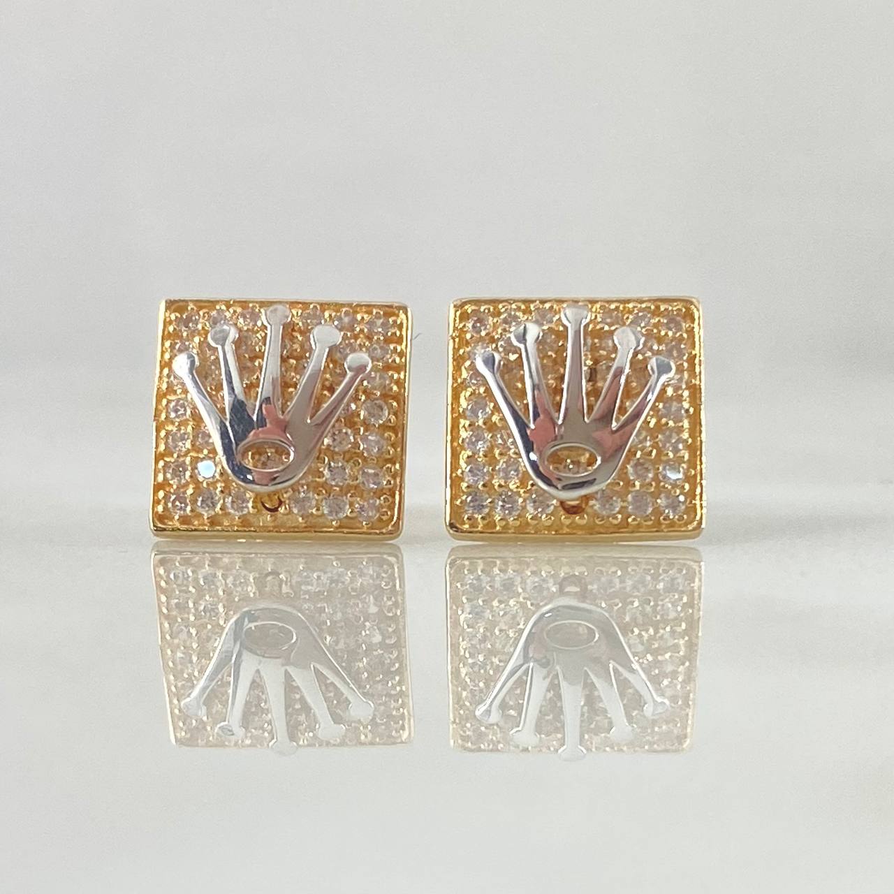 Set Cuadro Tupido Corona - Topos 0.9cm - Dije 1.5cm 4.35gr Circones Blancos  Oro 18K ©