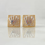Set Cuadro Tupido Corona - Topos 0.9cm - Dije 1.5cm 4.35gr Circones Blancos  Oro 18K ©