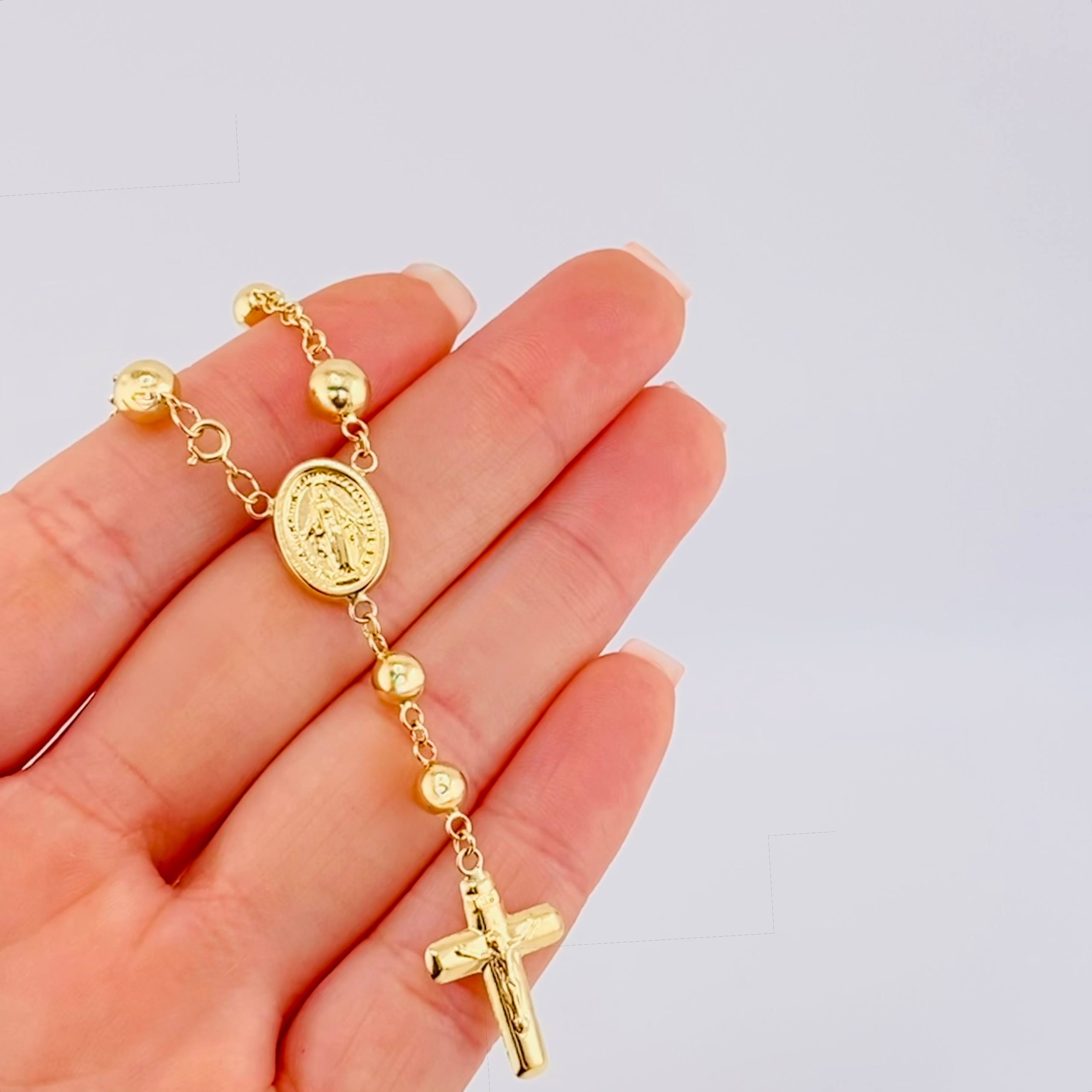 Tobillera Denario Virgen Milagrosa Cruz Cristo 5.25 g / 26,5 cm / 5 mm - 6 mm Oro Amarillo 18K
