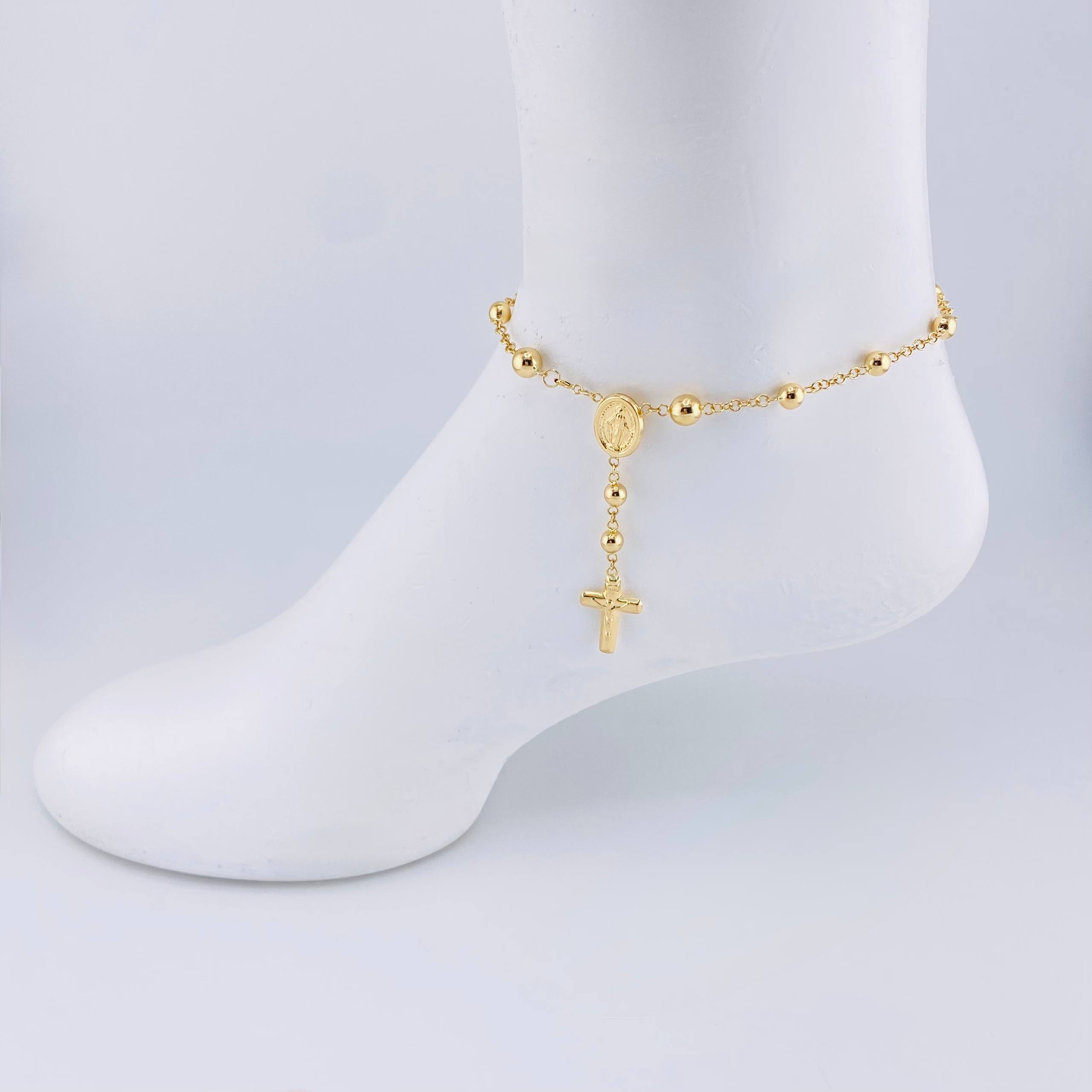Tobillera Denario Virgen Milagrosa Cruz Cristo 5.05 g / 24,5 cm / 5 mm - 6 mm Oro Amarillo 18K