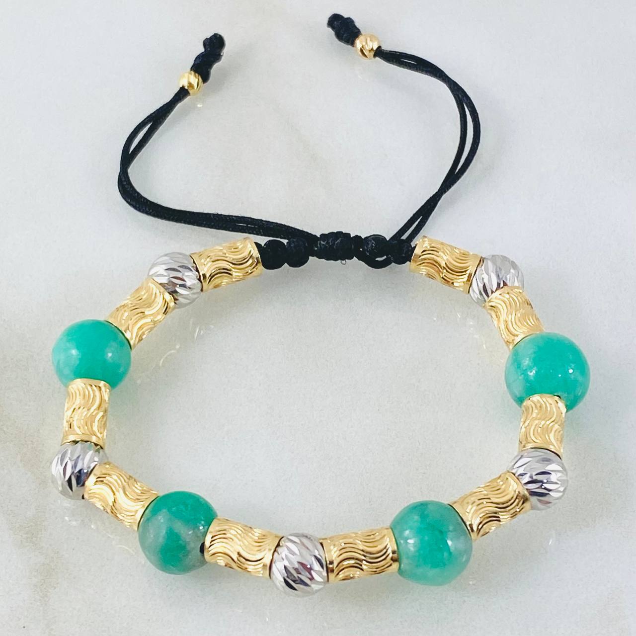 Pulsera Negra Esmeralda Lunas Figuerinas 2.5gr / Dos Oros Amarillo Blanco 18K *