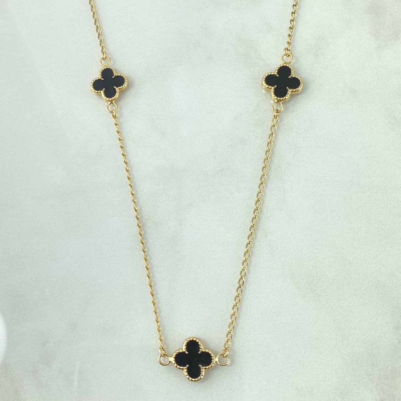 Cadena Espiga Trebol VCyA 4.6gr / 50cm / 1mm Resina Negra Borde Punteado Oro Amarillo 18K