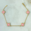 Pulso Espiga Trebol VCyA 3.4gr / 17.5cm / 1.4mm Cuarzo Rosado Borde Punteado Oro Amarillo 18K