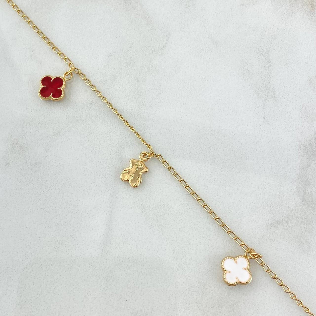 Tobillera Espiga 3.8gr / 25cm / 1.3mm "Corazones-Osos-Treboles-Oso TS" Reseina Blanca Roja Oro Amarillo 18K