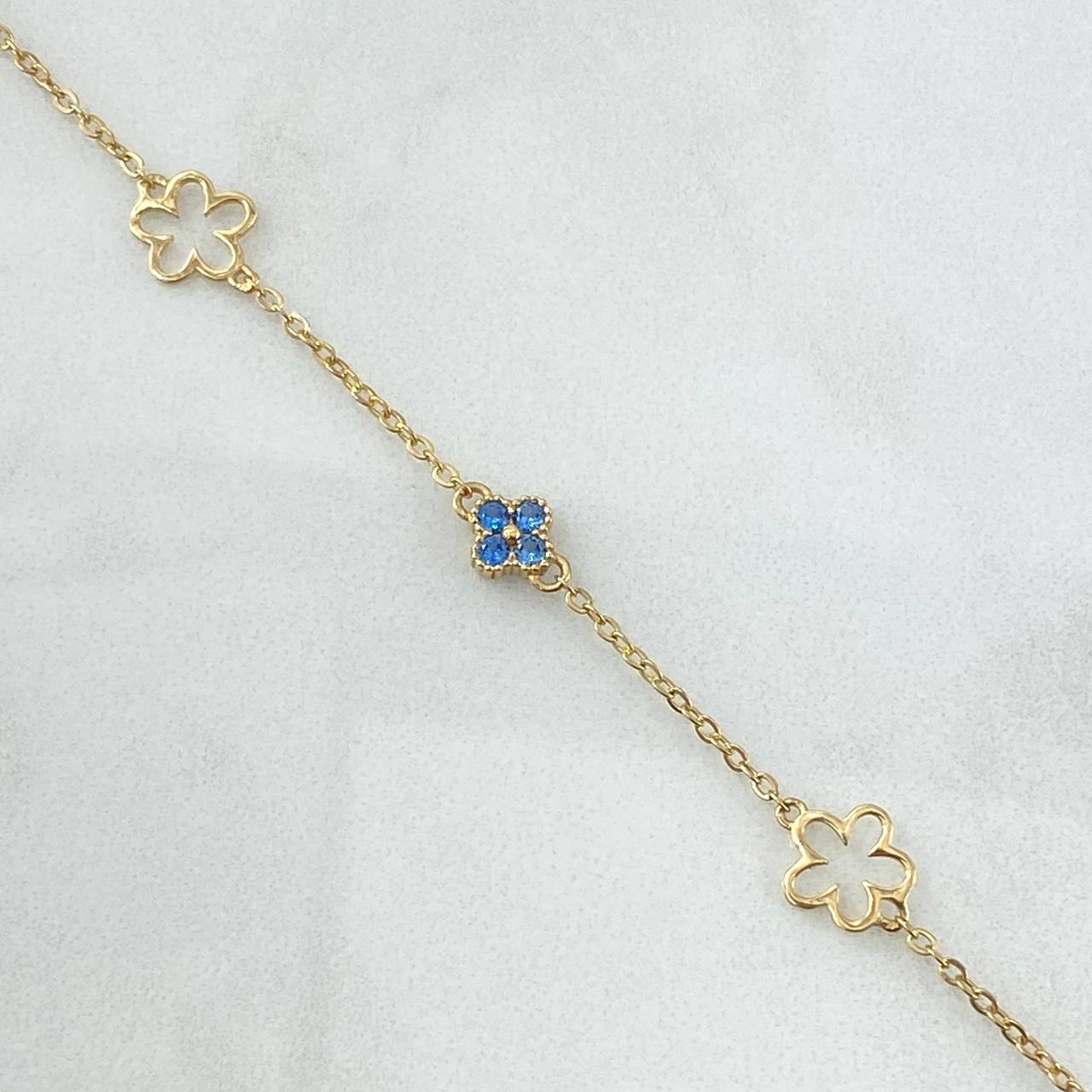 Pulso Aro Seguido Flores Borde Texturizado 2.25gr / 17cm / 1.5mm Circones Azul Celeste Silueta Oro Amarillo 18K