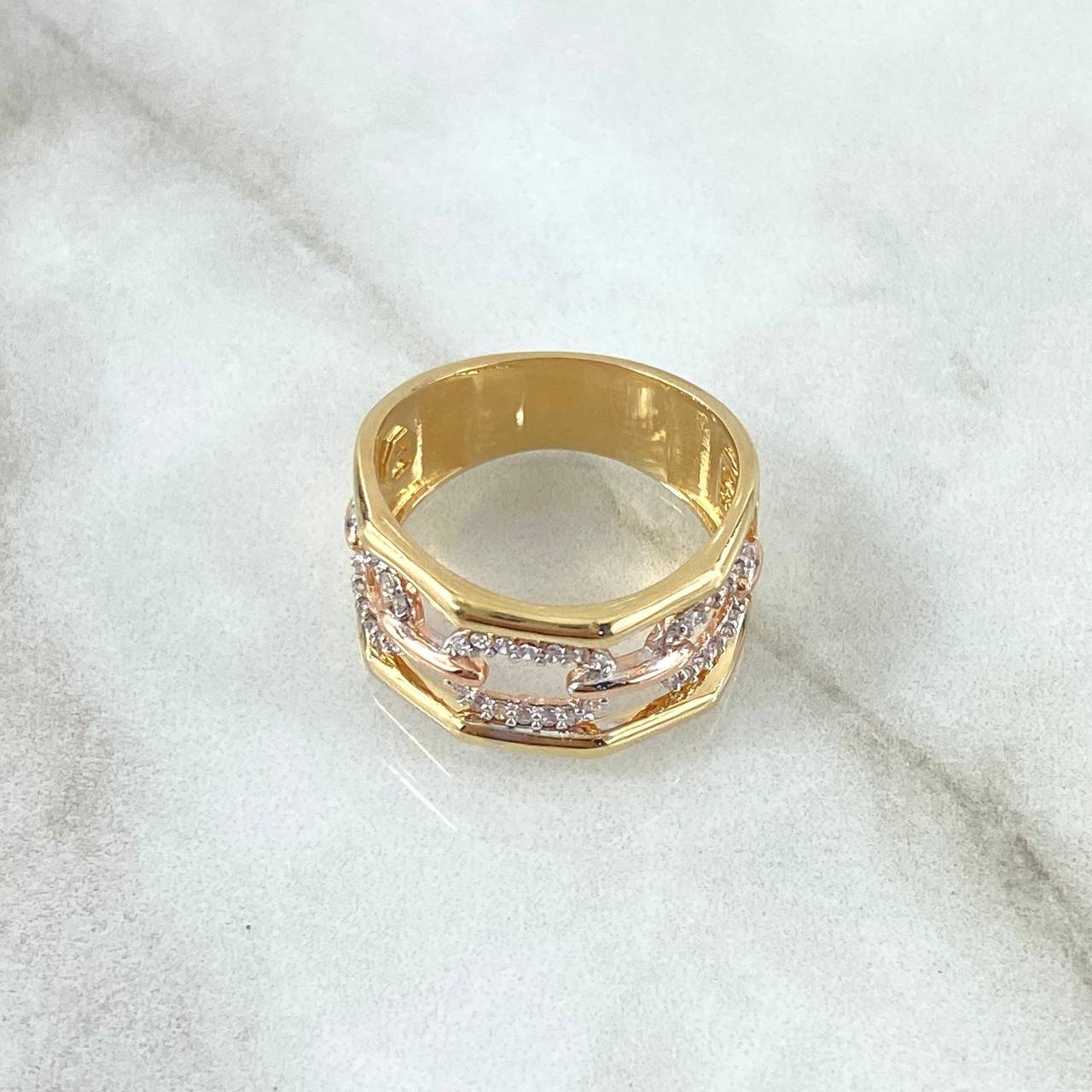 Anillo Triple Cajon Horizontal 5.5gr / T7 1/4 / Circones Blancos Dos Oros Amarillo Rosa 18K