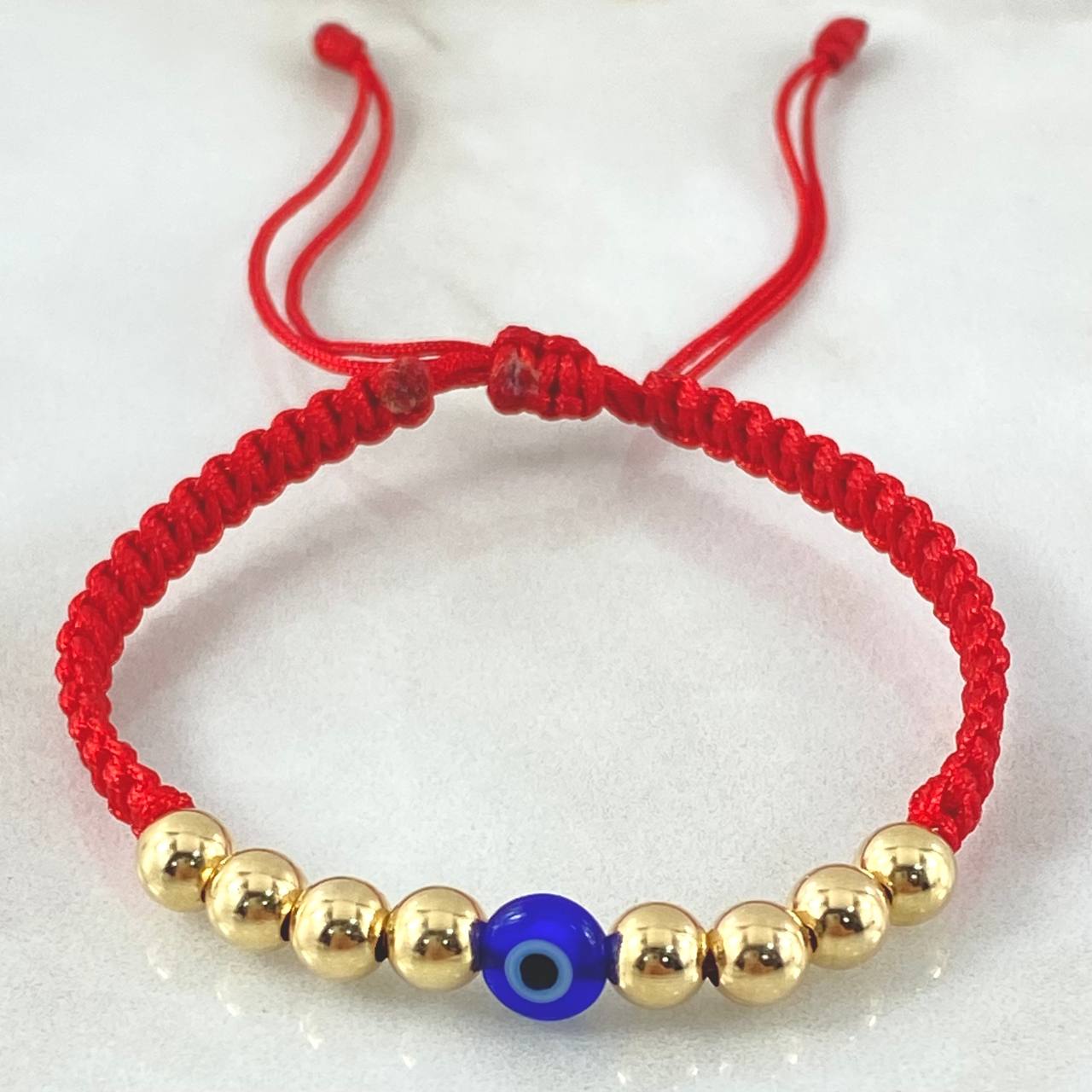 Pulsera Roja Ojo Turco 8 Und Bolas Lisa 5mm / Oro 18K (A.C)