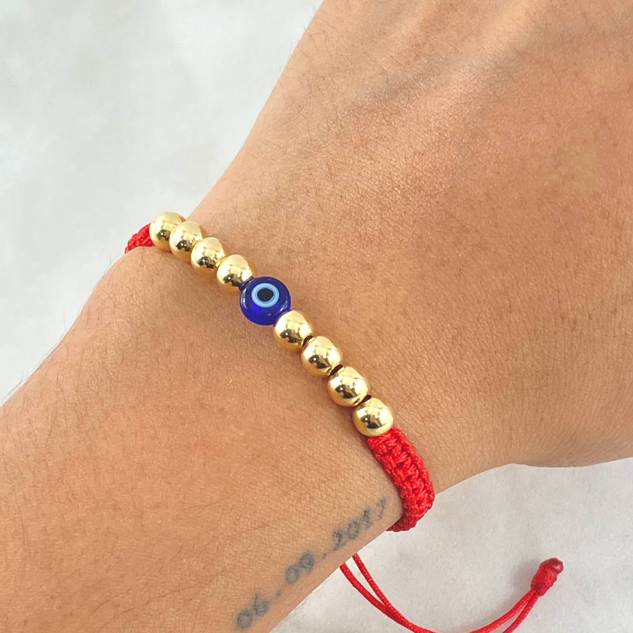 Pulsera Roja Ojo Turco 8 Und Bolas Lisa 5mm / Oro 18K (A.C)