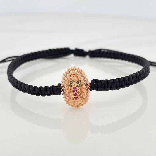 Pulsera Tejida Negra Virgen Guadalupe Oro Rosa 18K