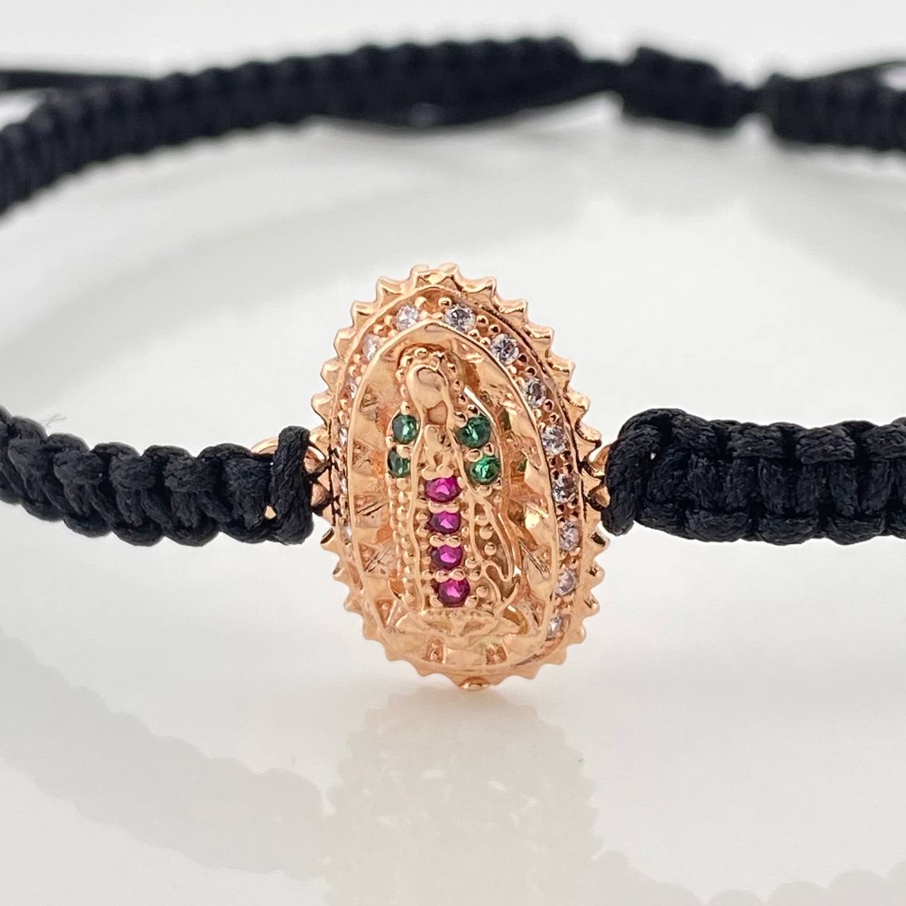 Pulsera Tejida Negra Virgen Guadalupe Oro Rosa 18K