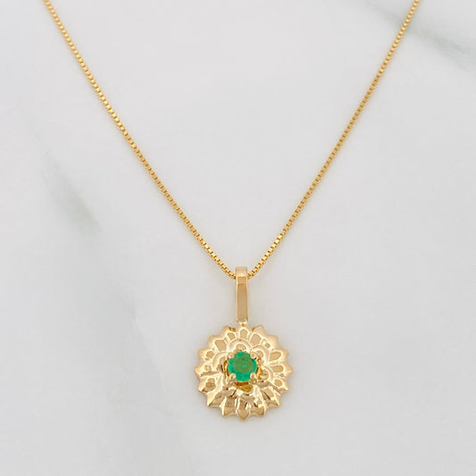 Set Cadena Veneciana + Dije Girasol Esmeralda 06Pts / 1.6 g / 50 cm Oro Amarillo 18K
