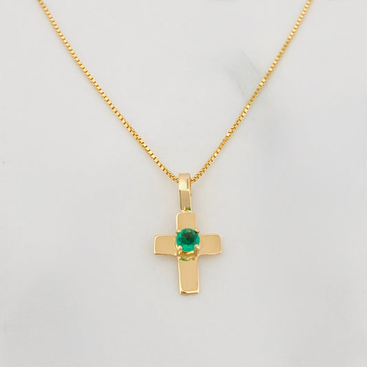 Set Cadena Veneciana + Dije Cruz Esmeralda 06Pts / 1.2 g / 50 cm Oro Amarillo 18K