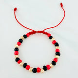 Pulsera Tejida Roja Mostacillas Oro Amarillo 18K