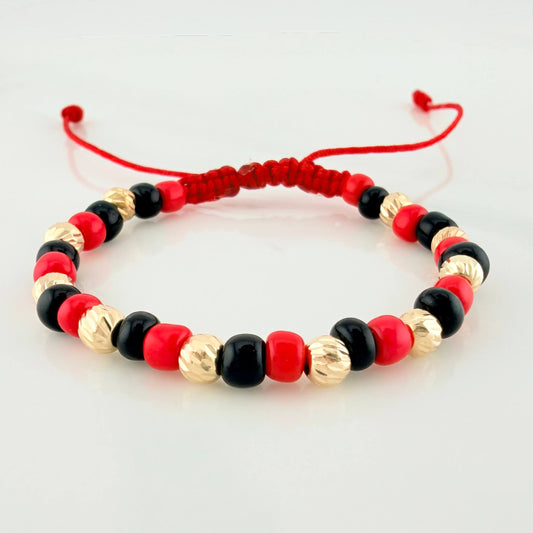Pulsera Tejida Roja Mostacillas Oro Amarillo 18K