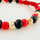 Pulsera Tejida Roja Mostacillas Oro Amarillo 18K
