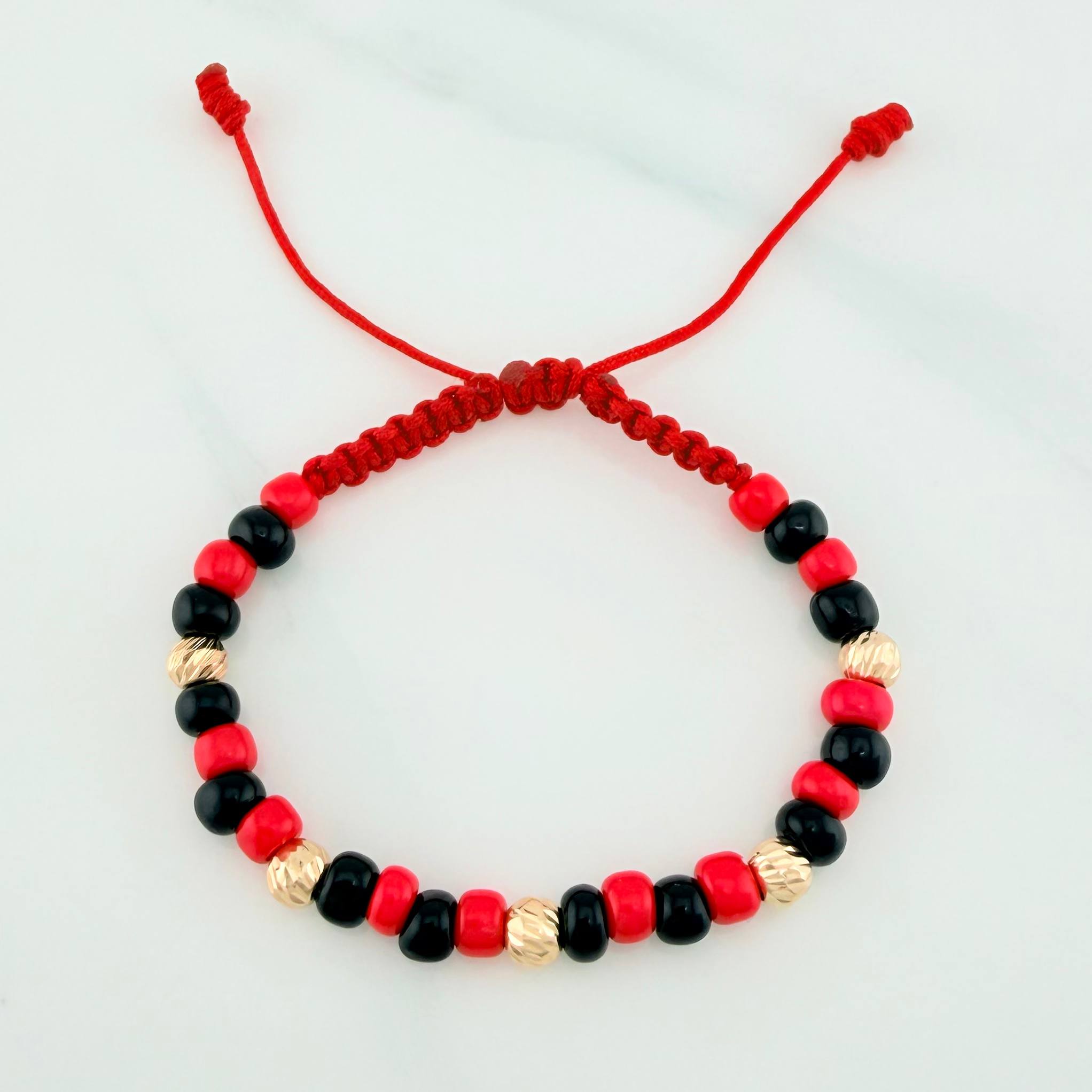 Pulsera Tejida Roja Mostacillas Oro Amarillo 18K