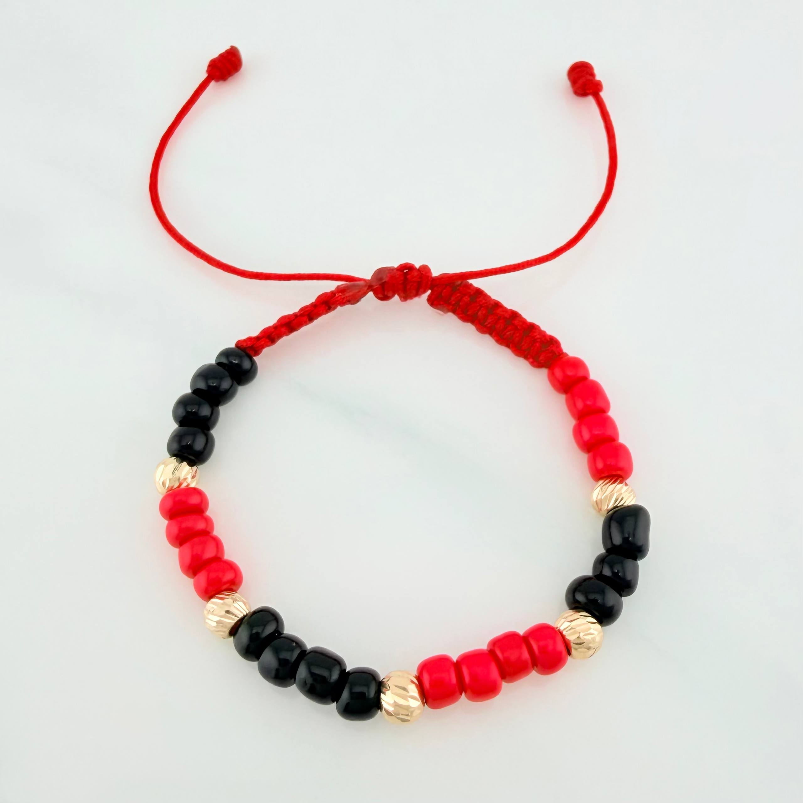 Pulsera Tejida Roja Mostacillas Oro Amarillo 18K