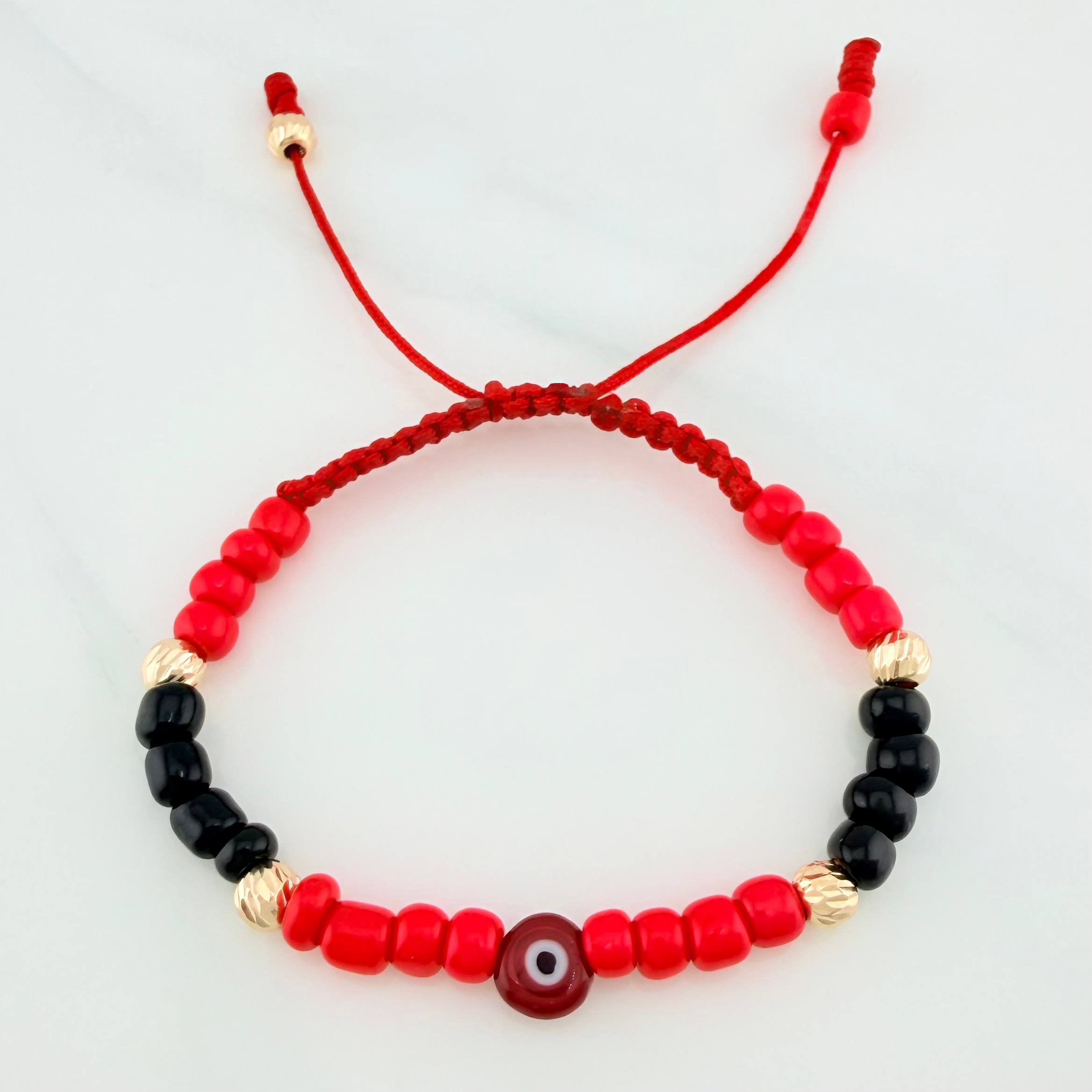 Pulsera Tejida Roja Mostacillas Ojo Turco Oro Amarillo 18K