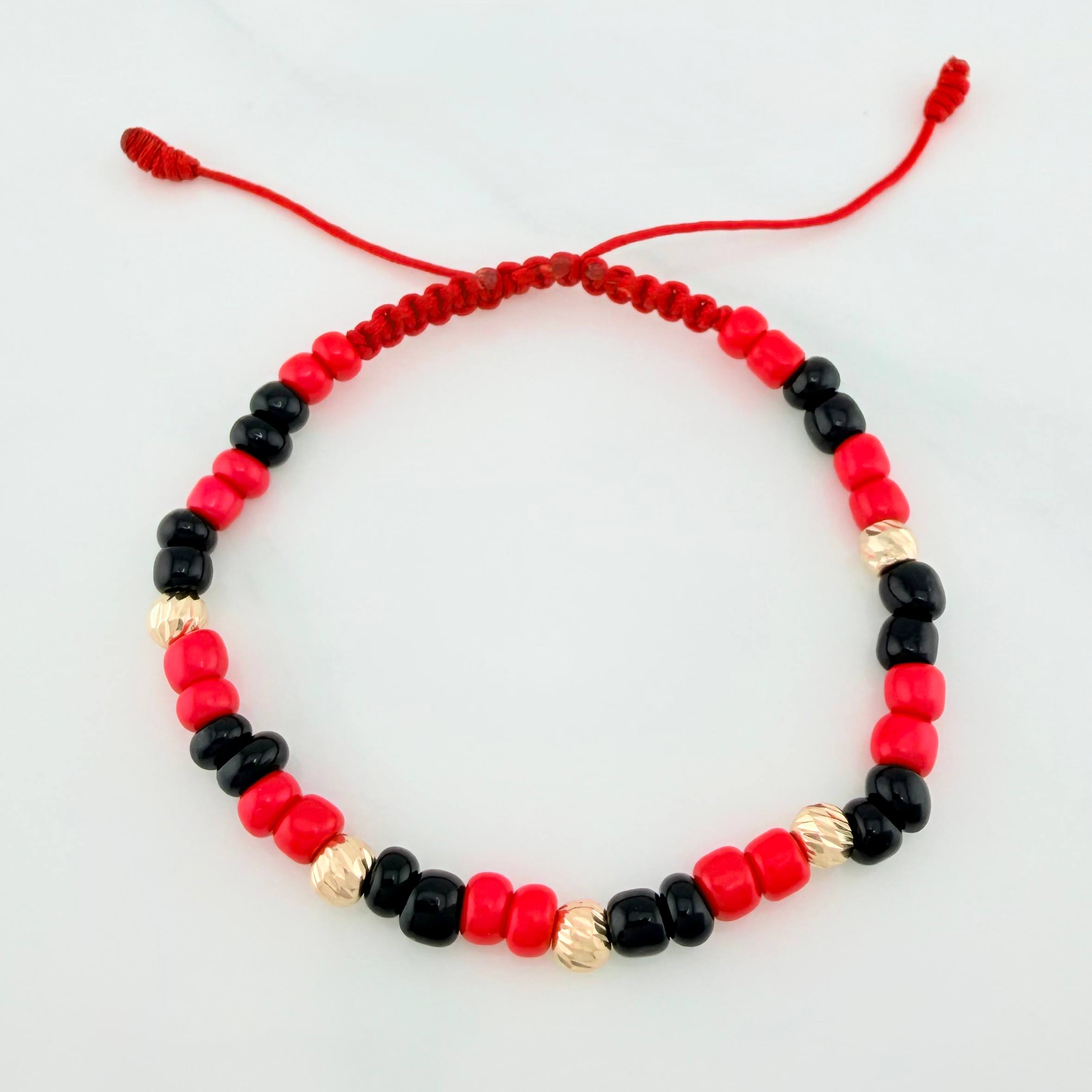 Pulsera Tejida Roja Mostacillas Oro Amarillo 18K