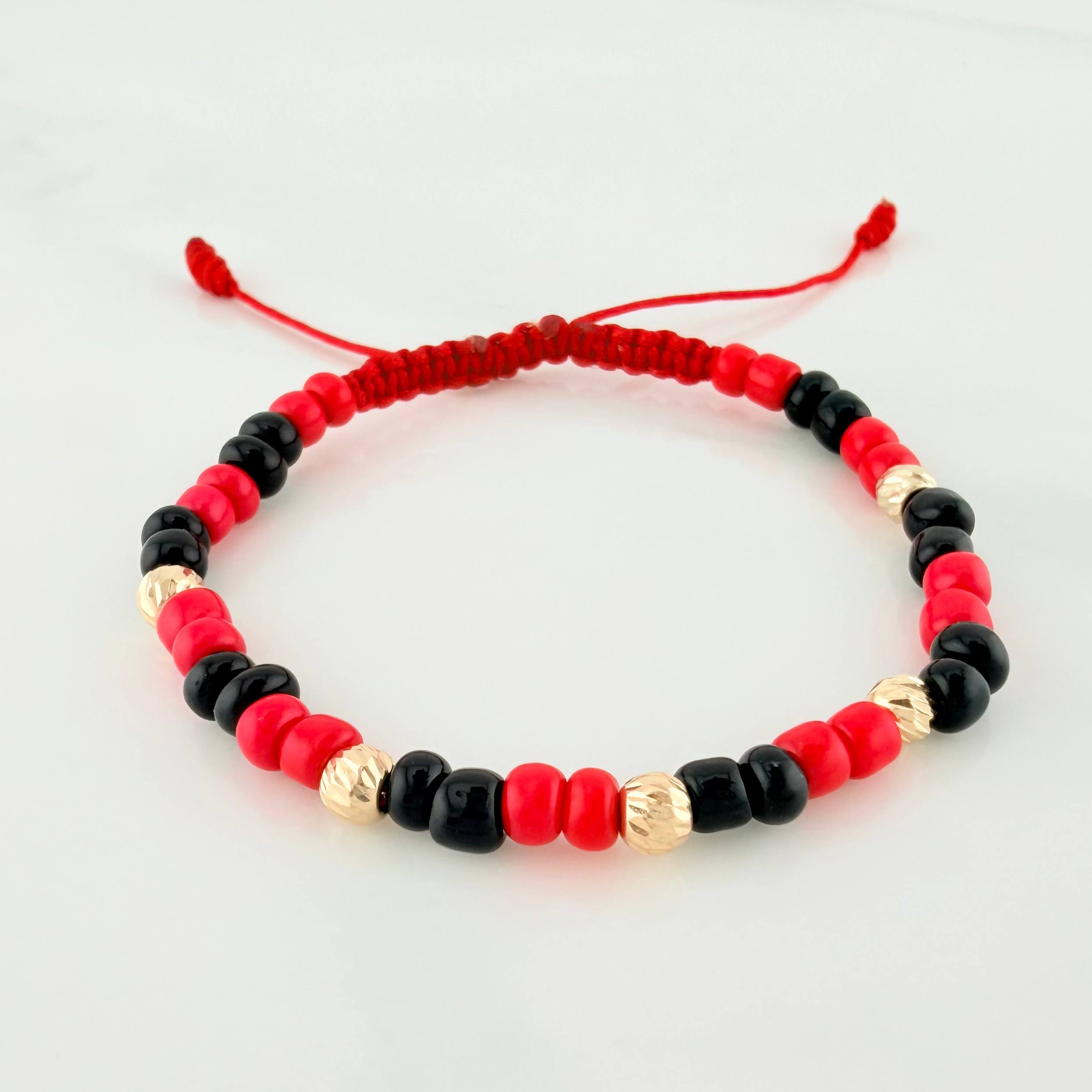 Pulsera Tejida Roja Mostacillas Oro Amarillo 18K