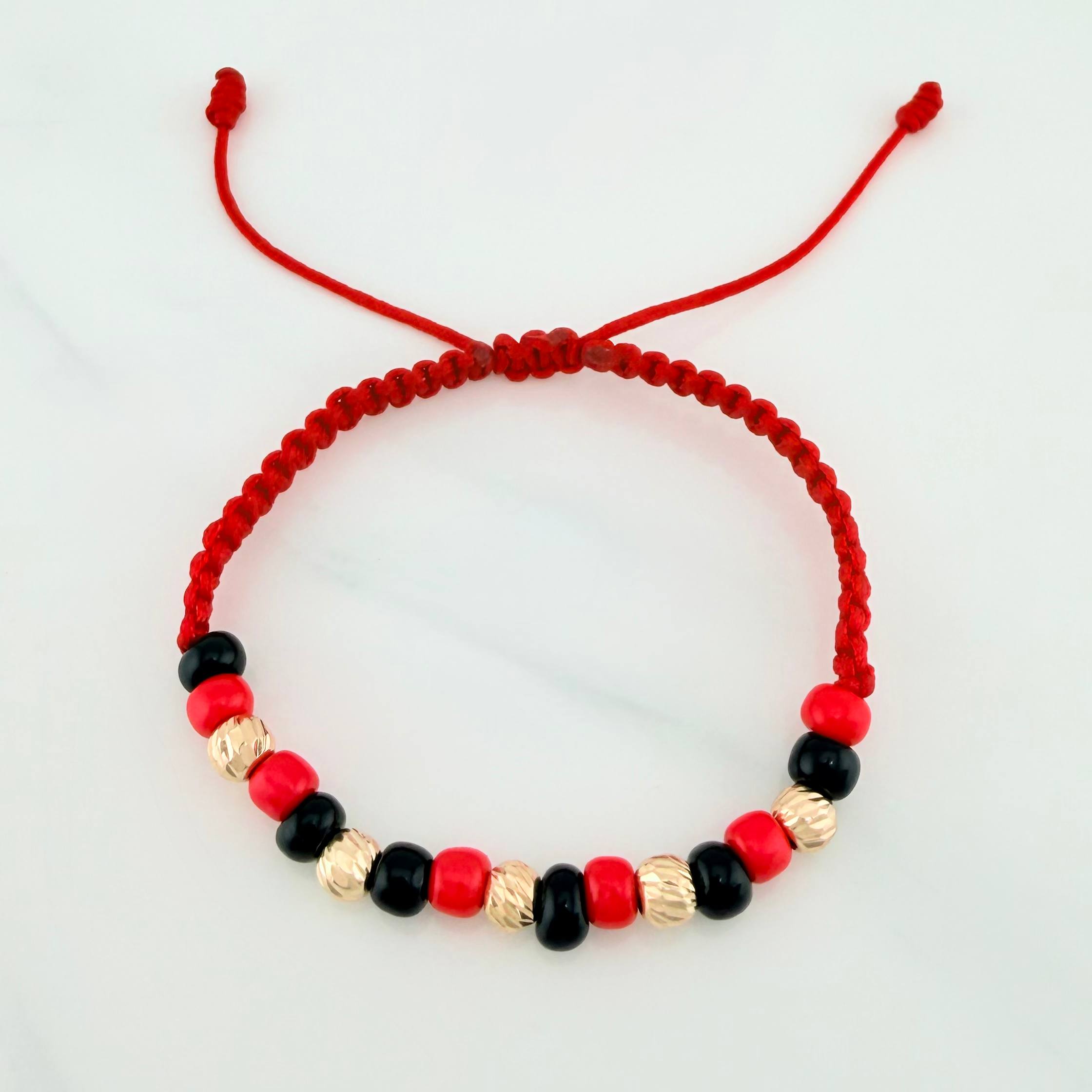 Pulsera Tejida Roja Mostacillas Oro Amarillo 18K