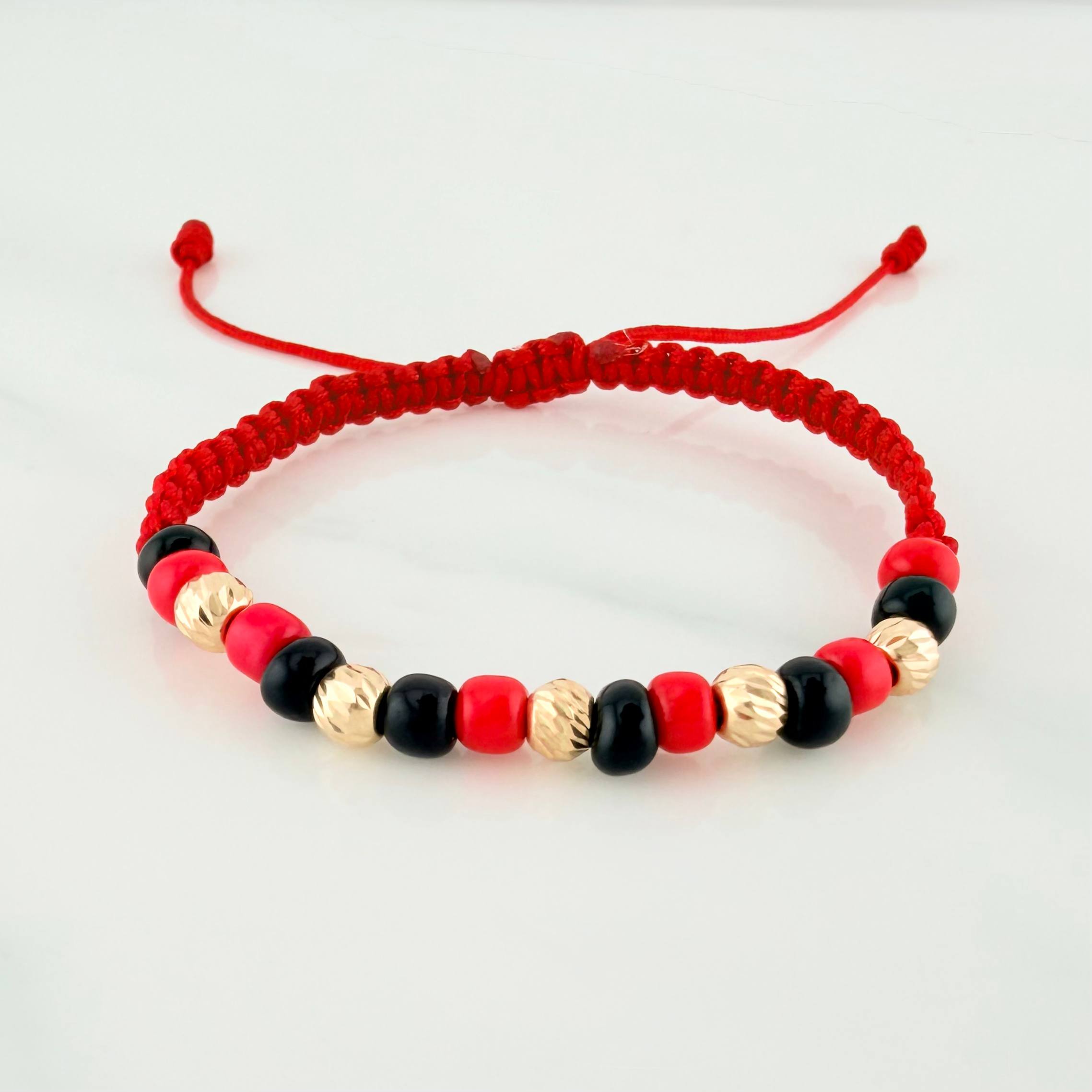Pulsera Tejida Roja Mostacillas Oro Amarillo 18K