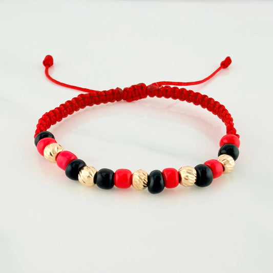 Pulsera Tejida Roja Mostacillas Oro Amarillo 18K