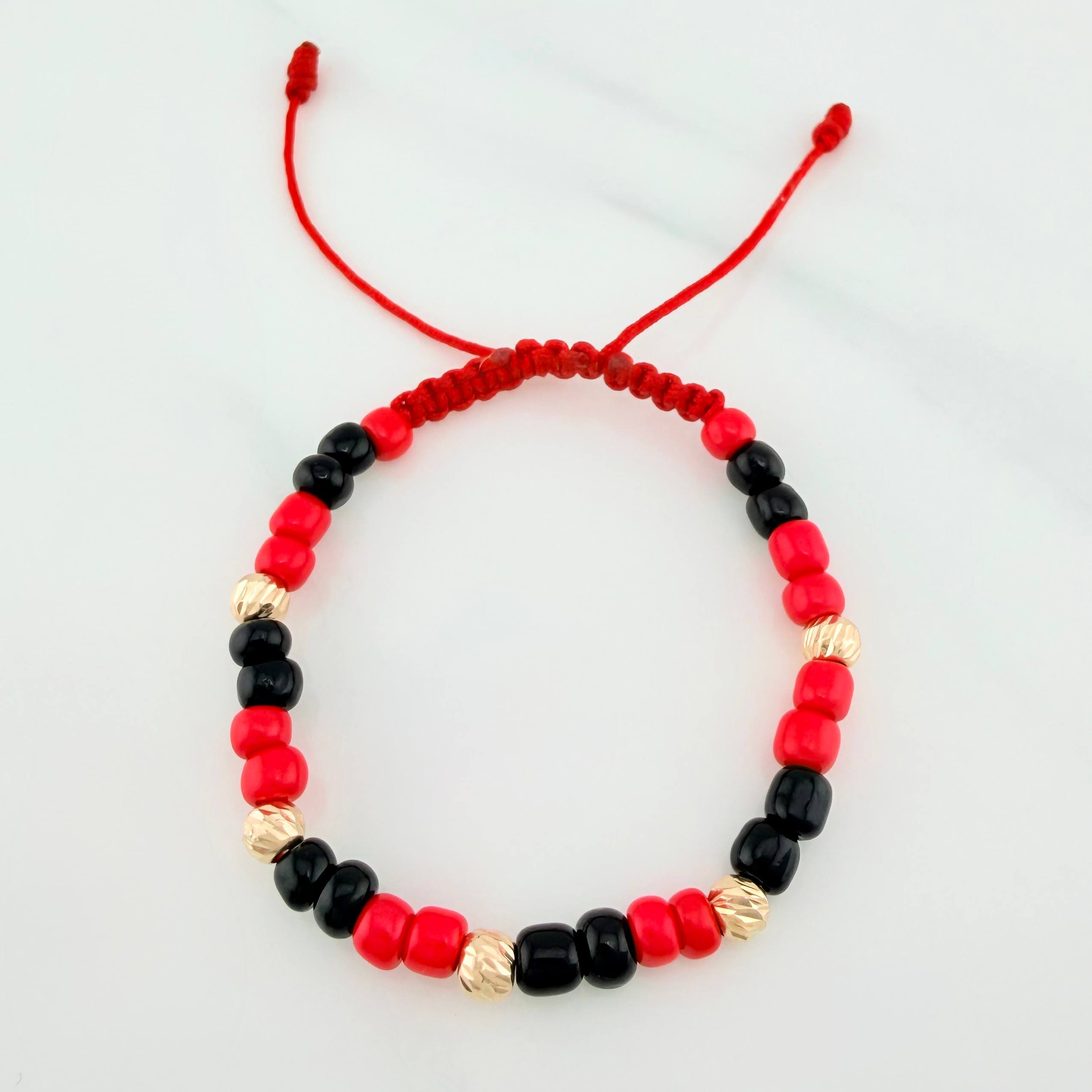 Pulsera Tejida Roja Mostacillas Oro Amarillo 18K