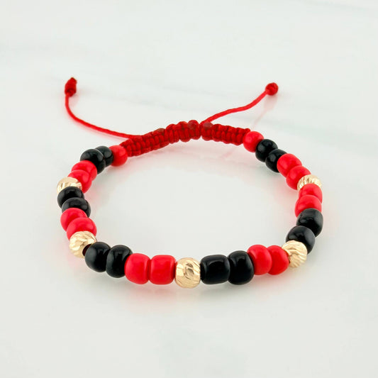 Pulsera Tejida Roja Mostacillas Oro Amarillo 18K