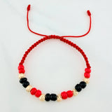 Pulsera Tejida Roja Mostacillas Oro Amarillo 18K