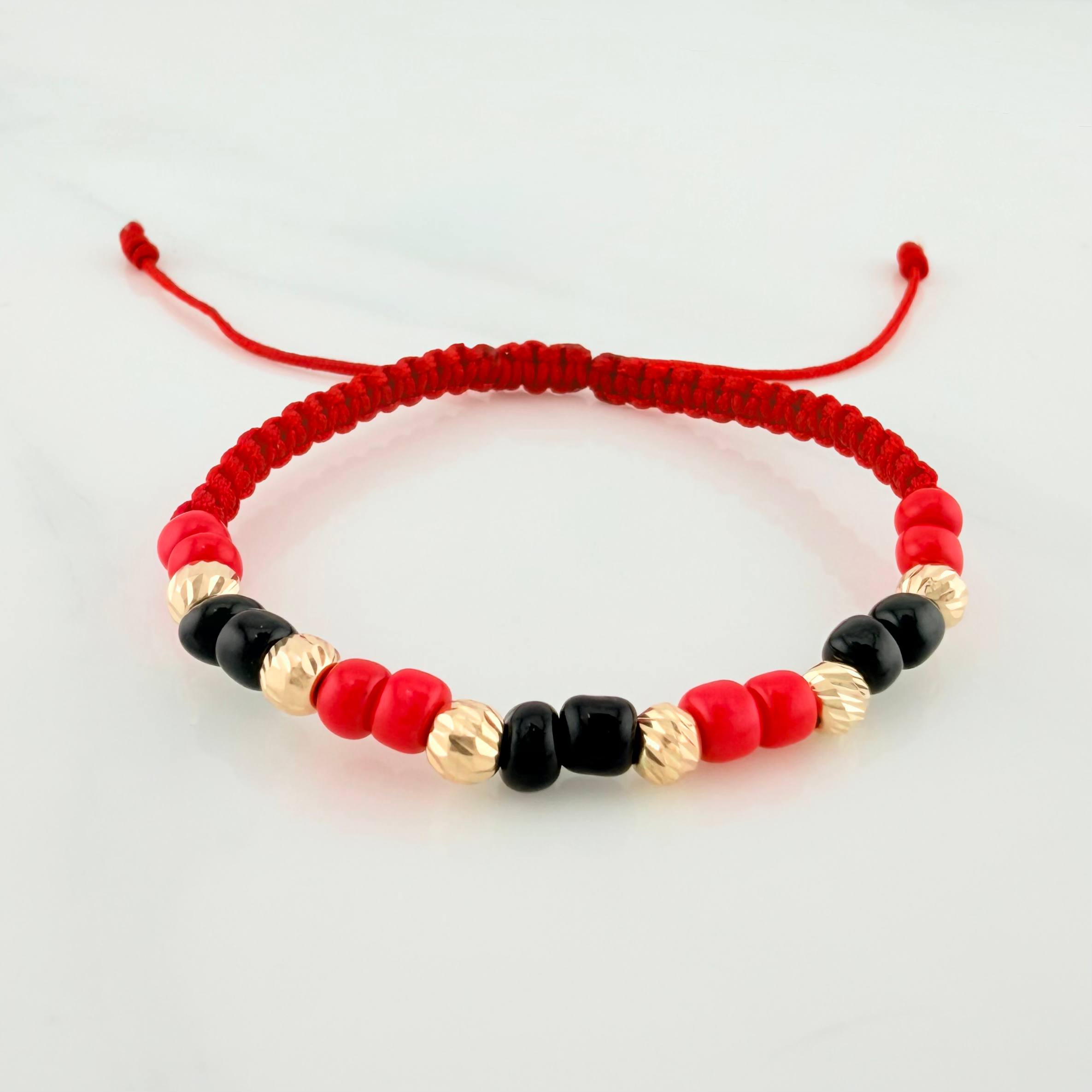 Pulsera Tejida Roja Mostacillas Oro Amarillo 18K