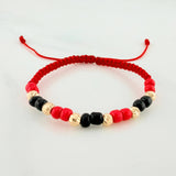Pulsera Tejida Roja Mostacillas Oro Amarillo 18K