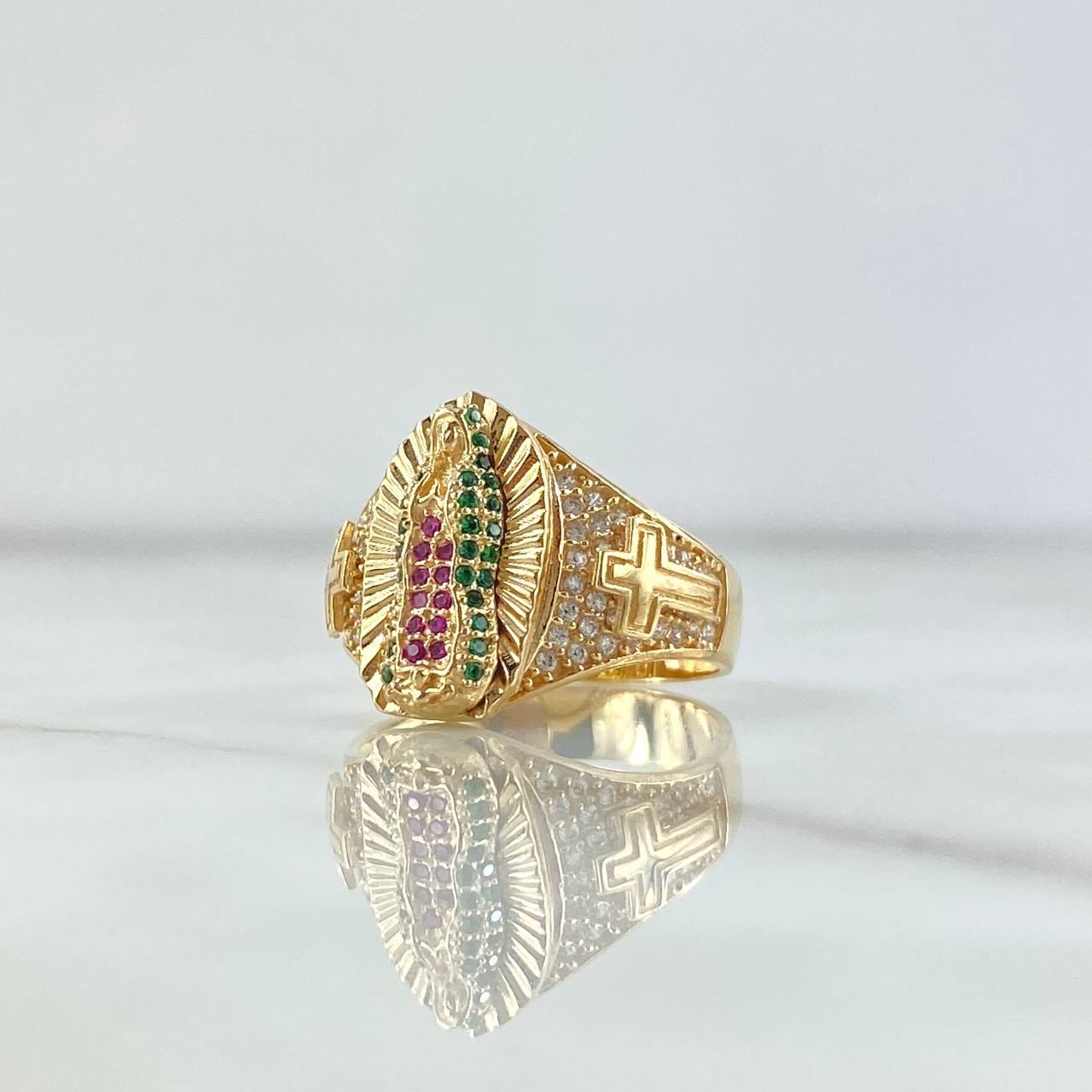 Anillo Virgen Guadalupe Cruces 6.9gr / T5 1/2 / Circones Blancos Verdes Y Fucsias Oro Amarillo 18K