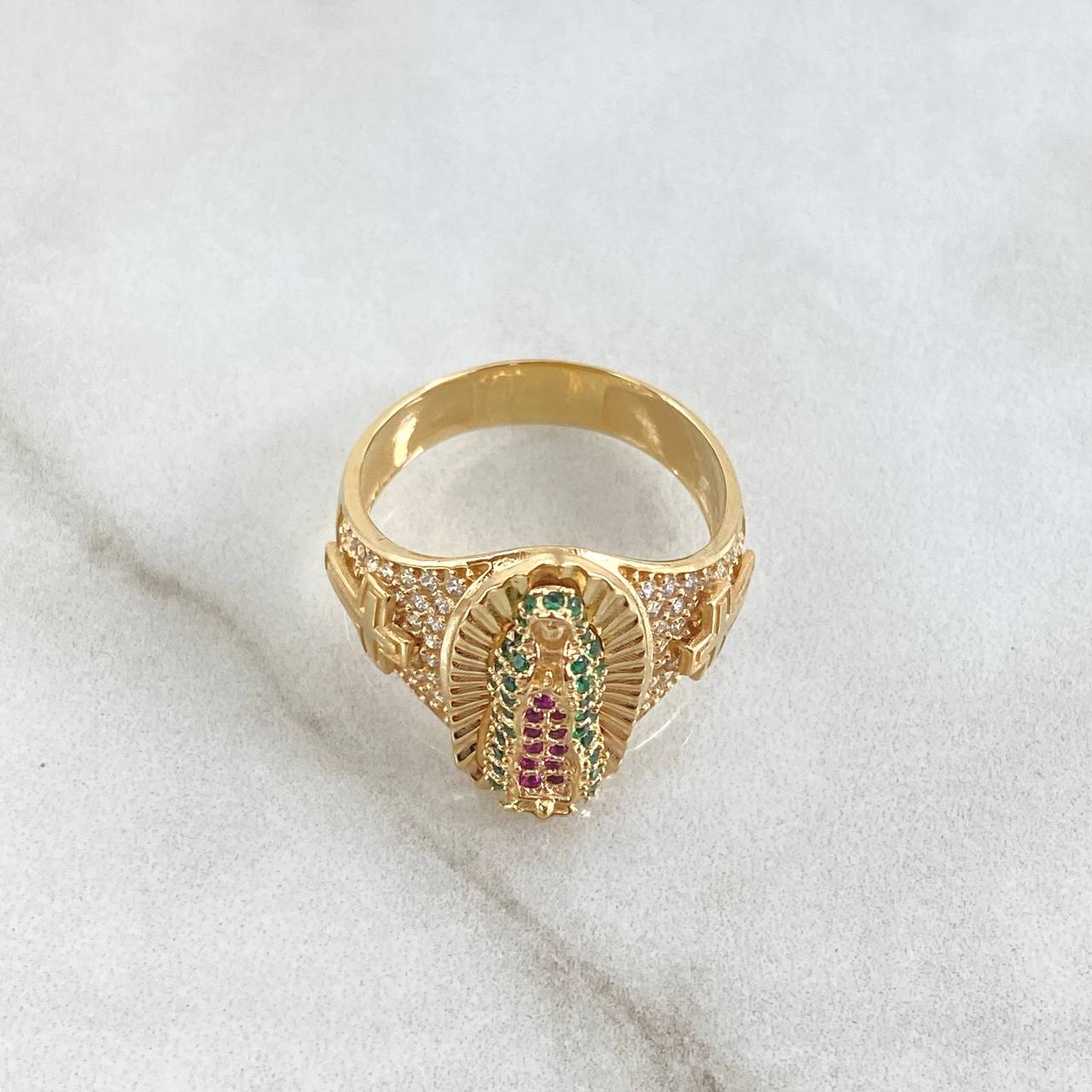 Anillo Virgen Guadalupe Cruces 6.9gr / T5 1/2 / Circones Blancos Verdes Y Fucsias Oro Amarillo 18K