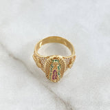 Anillo Virgen Guadalupe Cruces 6.9gr / T5 1/2 / Circones Blancos Verdes Y Fucsias Oro Amarillo 18K
