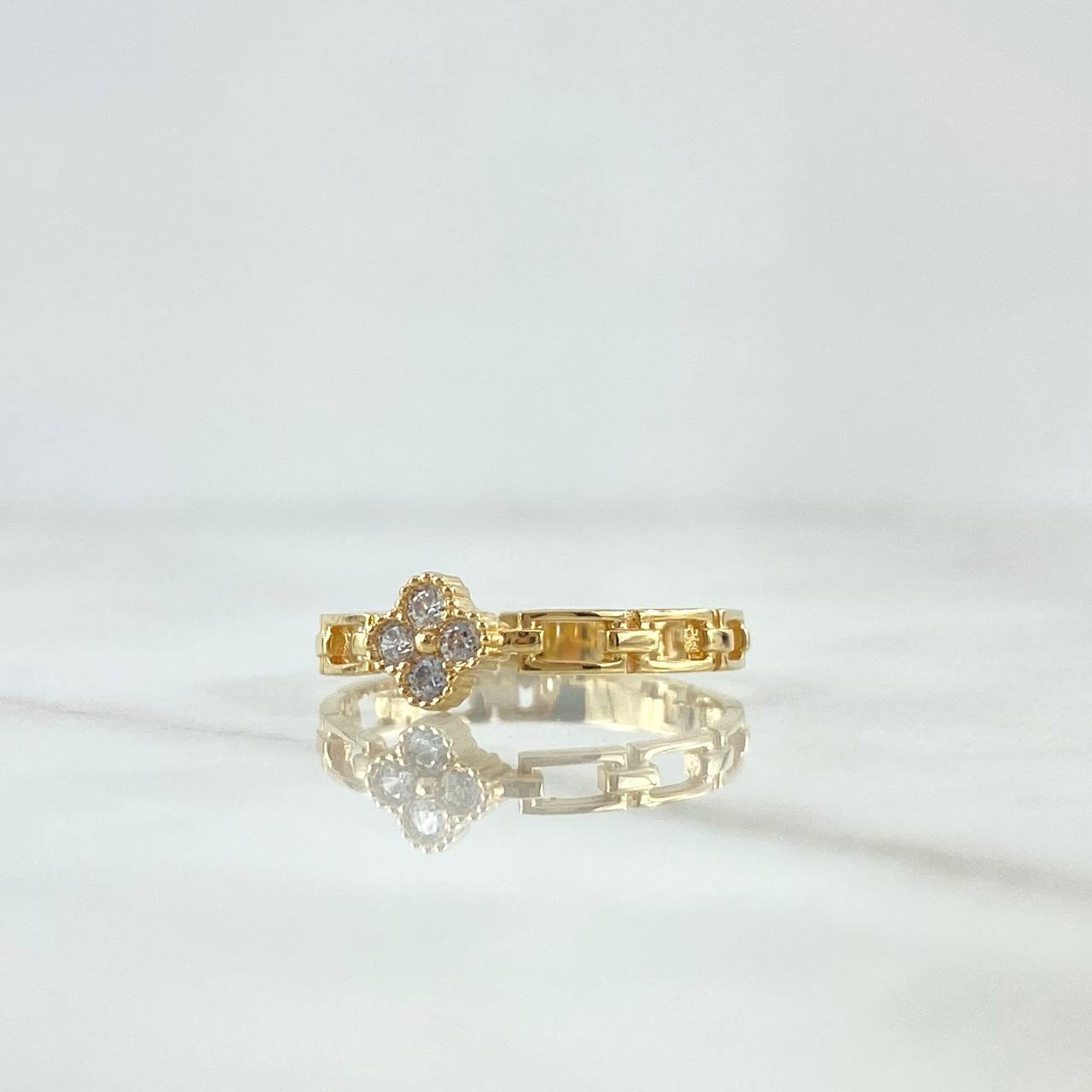 Anillo Flor Punteada Eslabones Huecos 2gr / T7 1/4 / Circones Blancos Oro Amarillo 18K