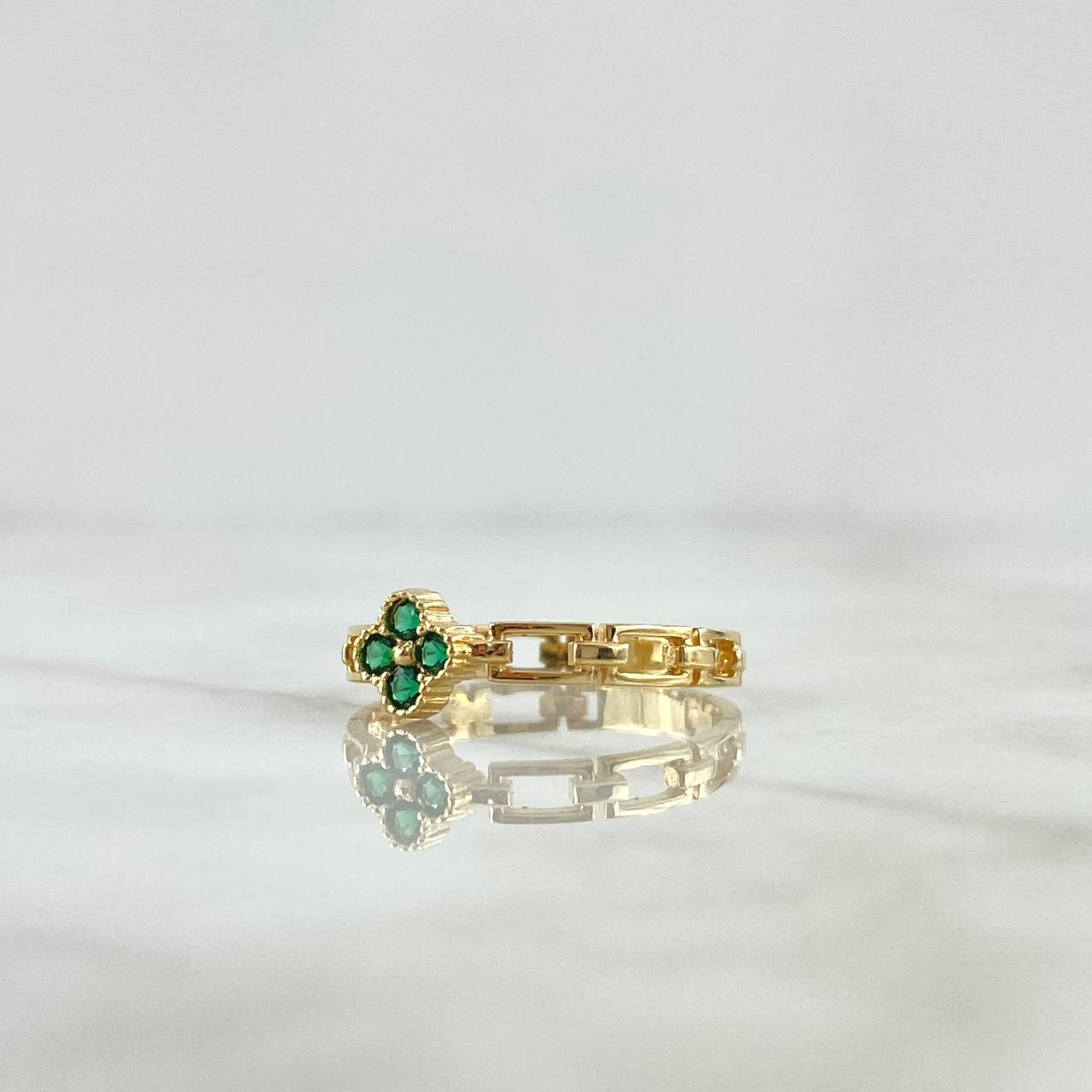 Anillo Flor Punteada Eslabones Huecos 1.8gr / T6 3/4 / Circones Verdes Oro Amarillo 18K