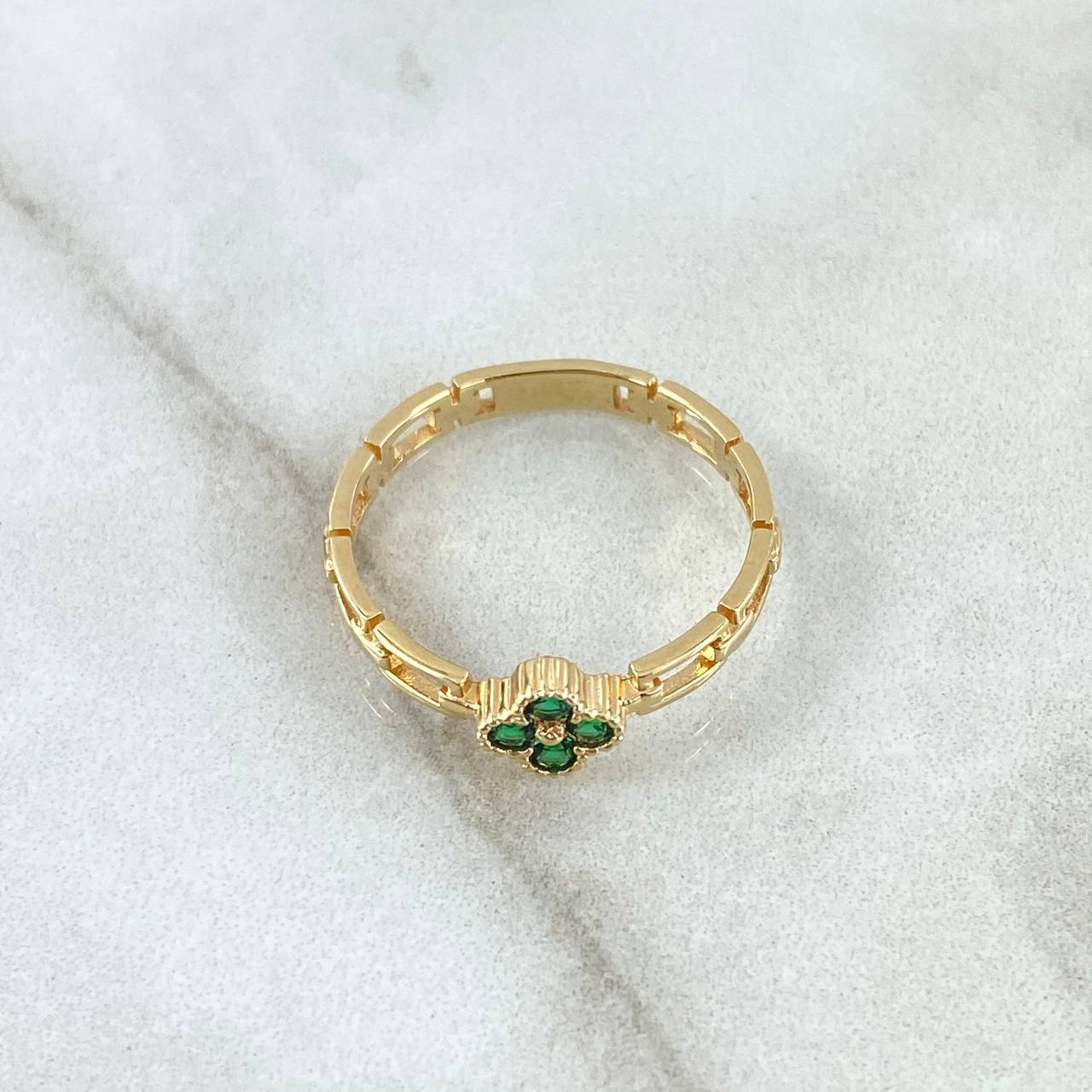 Anillo Flor Punteada Eslabones Huecos 1.8gr / T6 3/4 / Circones Verdes Oro Amarillo 18K