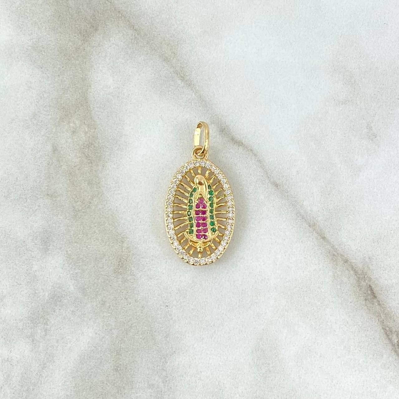 Dije Virgen Guadalupe 2.5gr / 2.6cm / Ovalo Filigrana Circones Blancos Verdes Fucsias Oro Amarillo 18K