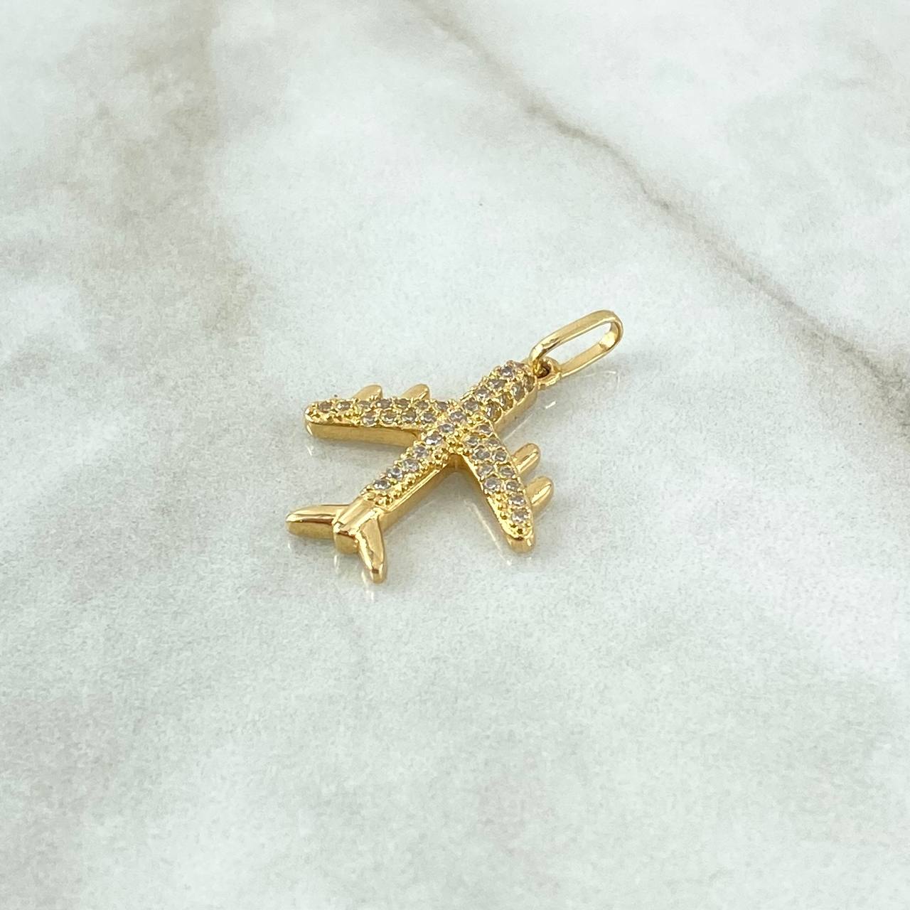 Dije Avión Basteado 2.65gr / 2.7cm / Circones Blancos Oro Amarillo 18K