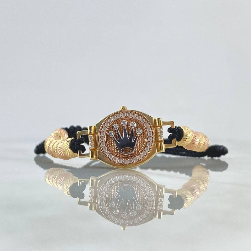 Pulsera Negra Cinturon Corona RX 7gr / 6mm Bolas Diamantadas tres Oros Amarillo Rosa 18K